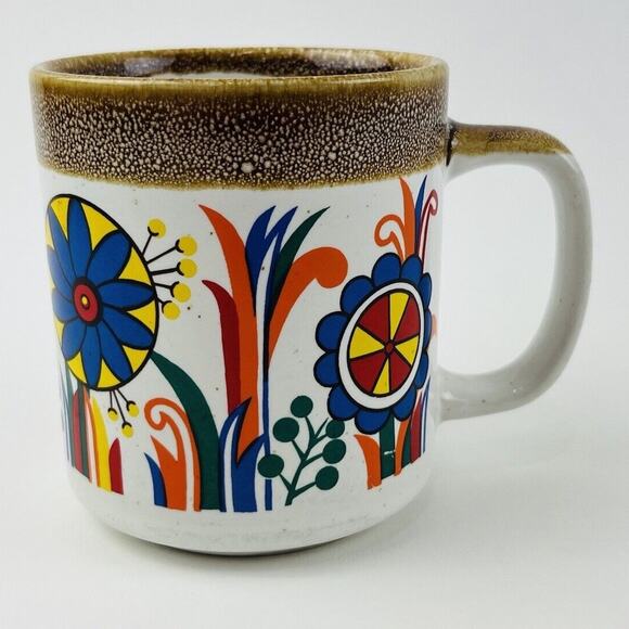 Vintage 60s/70s Retro Porcelain Blue Green Flower Power Mug Red Orange MCM Leaf - Picture 5 of 10